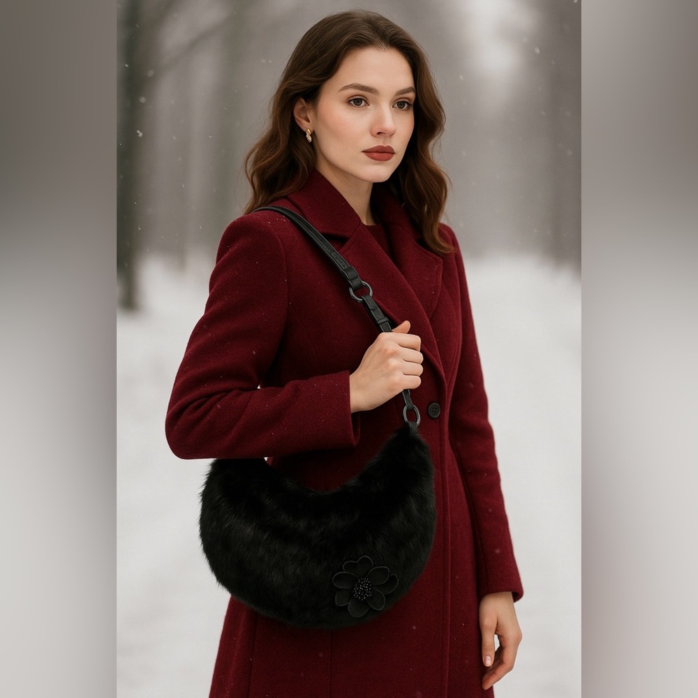 Vintage Lord & Taylor Rabbit Fur Shoulder Bag Y2K | Leather Strap | Winter Glam